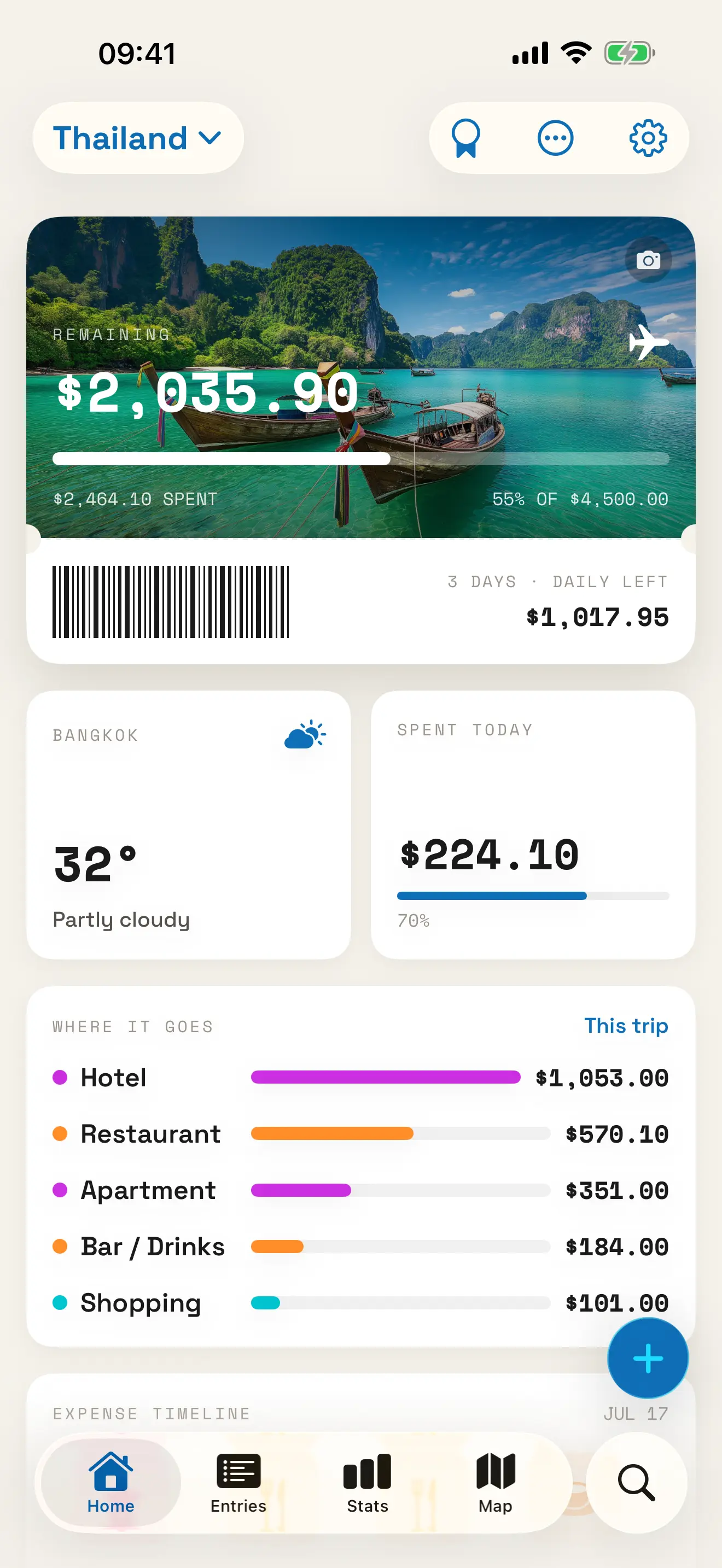 PocketTrip home screen for a Thailand trip showing remaining budget, daily cap and spending by category