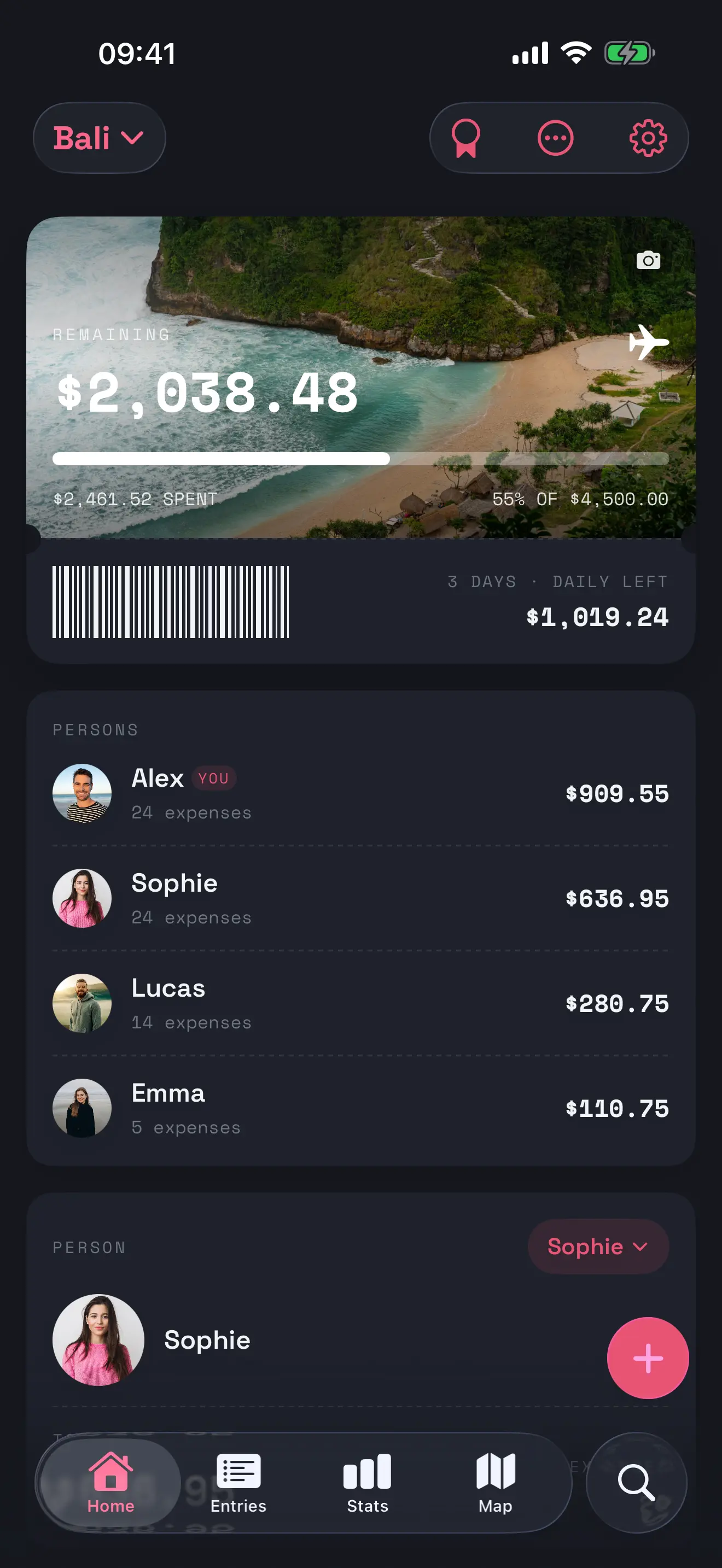 PocketTrip split-expenses screen showing what each of four travel companions paid on a Bali trip